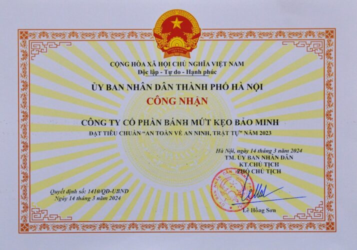 cong ty co phan banh mut keo bao minh duoc cong nhan dat tieu chuan ve an toan ve an ninh trat tu nam 2023 cong ty co phan banh mut keo bao minh duoc cong nhan dat tieu chuan ve an toan ve an ninh tra