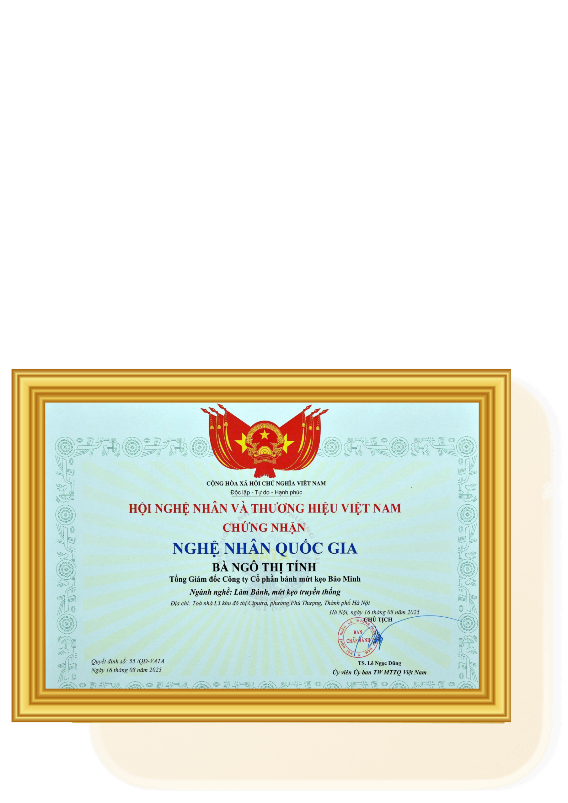 Chứng nhận Nghệ nhân Ngô Thị Tính